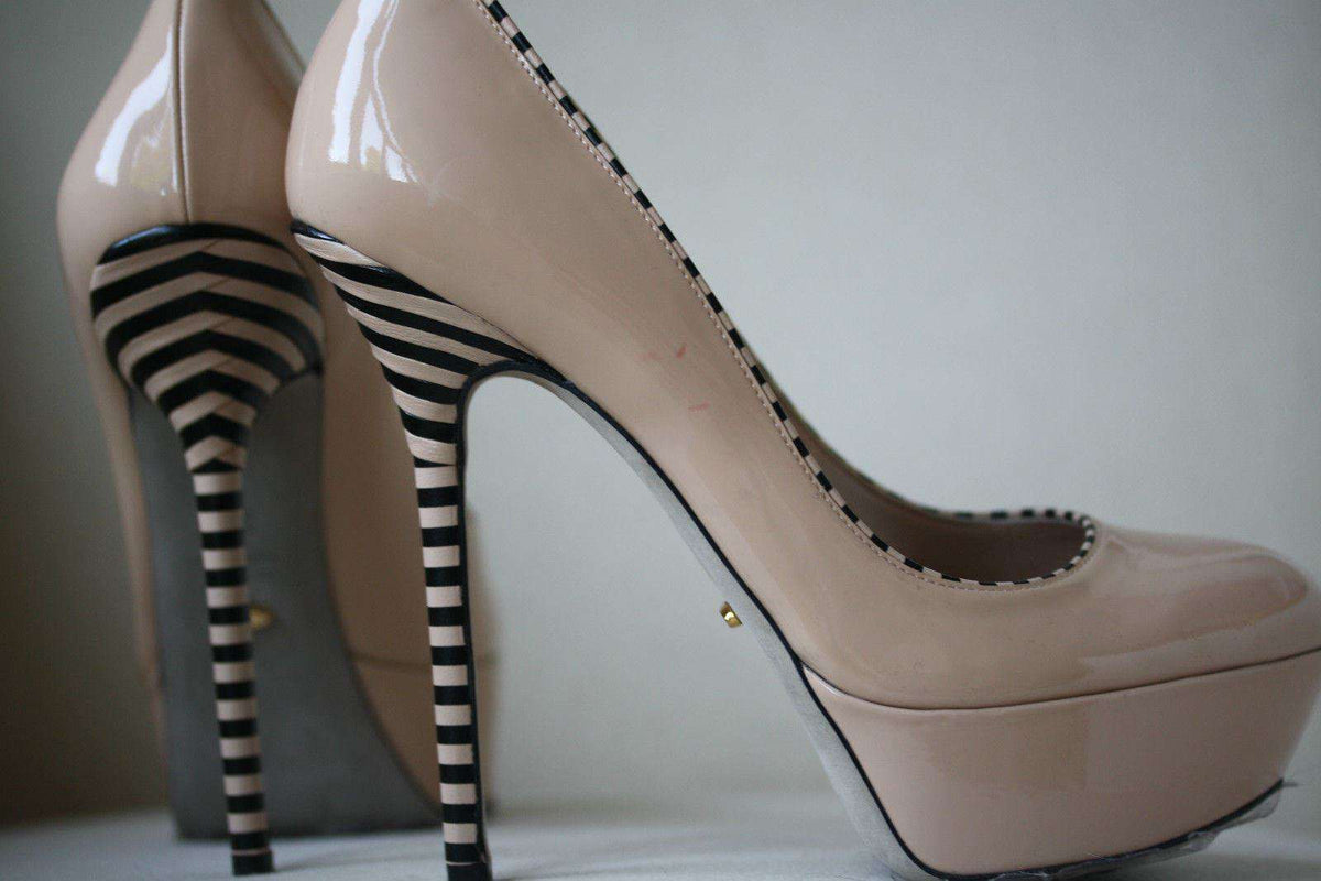 SERGIO ROSSI OPTIKALA PATENT NUDE STRIPED HEELS EU 38.5 UK 5.5