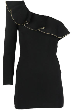 BALMAIN ONE SHOULDER RUFFLED STRETCH KNIT MINI DRESS FR 36 UK 8