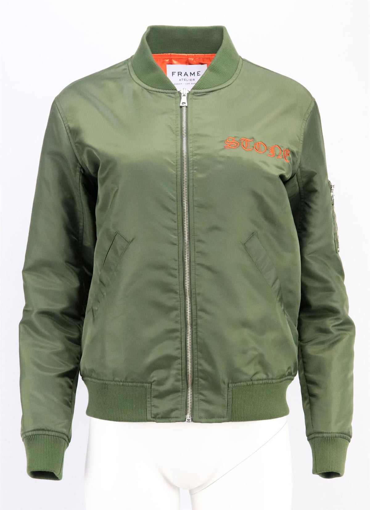 FRAME + LARA STONE EMBROIDERED SHELL BOMBER JACKET XSMALL