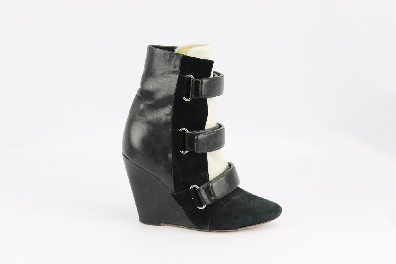 ISABEL MARANT CALF HAIR, SUEDE AND LEATHER WEDGE ANKLE BOOTS EU 37 UK 4 US 7