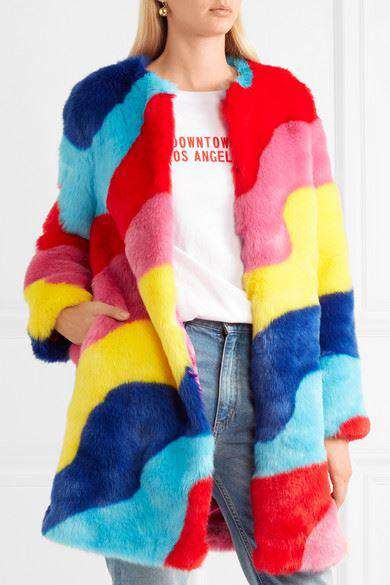 MIRA MIKATI RAINBOW WAVE STRIPED FAUX FUR COAT US 6 UK 10