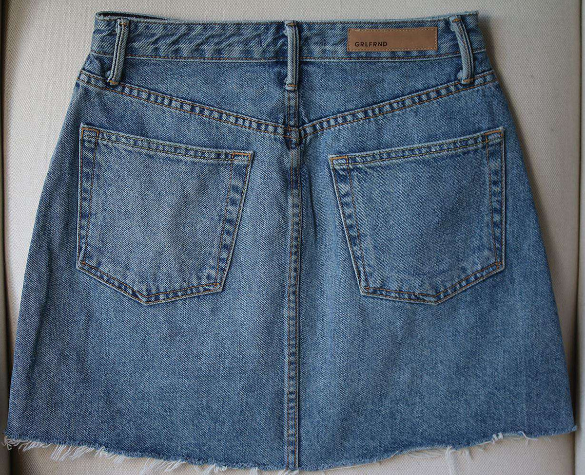 GRLFRND MILLA EMBELLISHED A-FRAME DENIM SKIRT IN SOLSTICE W25 UK 6/8