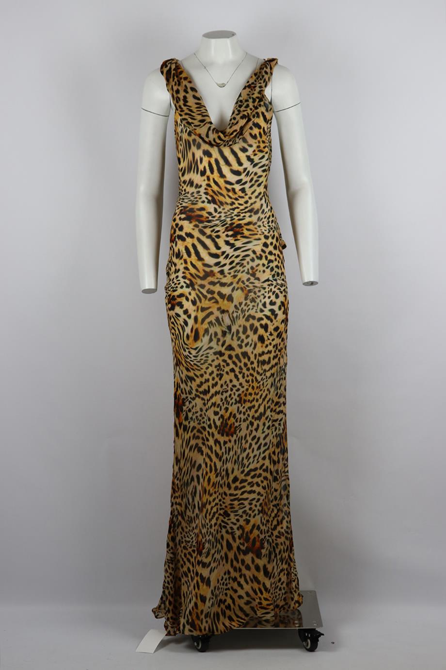 RAT AND BOA DRAPED LEOPARD PRINT CREPE MAXI DRESS XSMALL