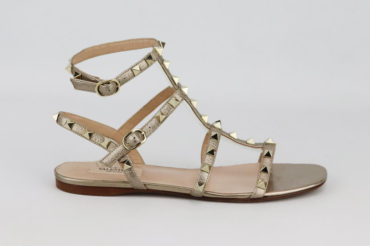 VALENTINO GARAVANI ROCKSTUD METALLIC LEATHER SANDALS EU 37.5 UK 4.5 US 7.5
