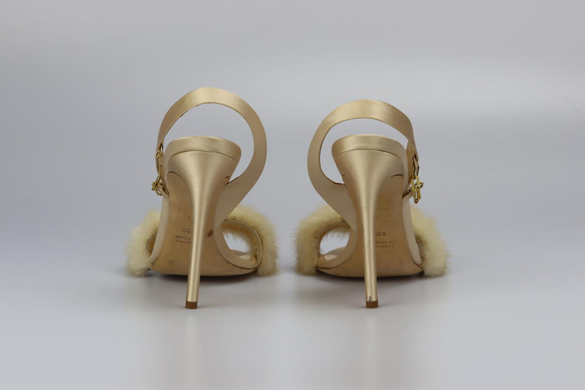 OLGANA MINK FUR AND SATIN SANDALS EU 38.5 UK 5.5 US 8.5