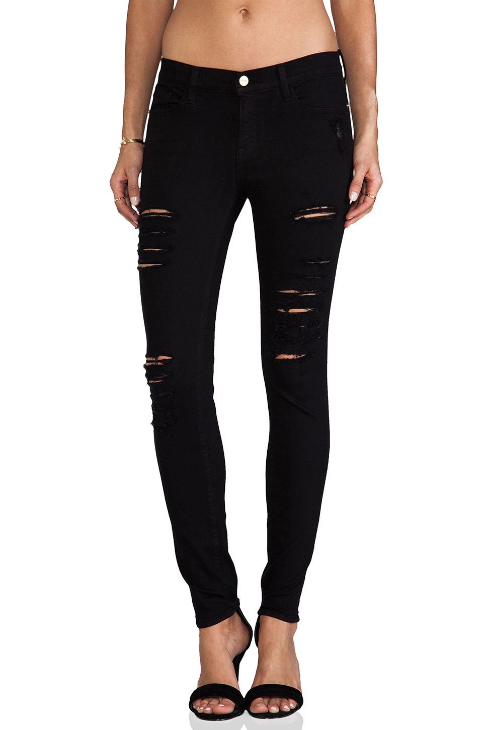 FRAME LE SKINNY DE JEANNE RIPPED BLACK JEANS W25 UK 6/8