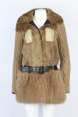 BURBERRY PRORSUM BELTED FOX FUR AND CABLE KNIT CASHMERE COAT IT 38 UK 6