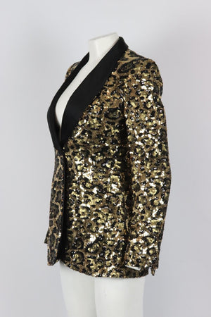 DOLCE AND GABBANA LEOPARD PRINT SEQUINED CREPE BLAZER IT 42 UK 10