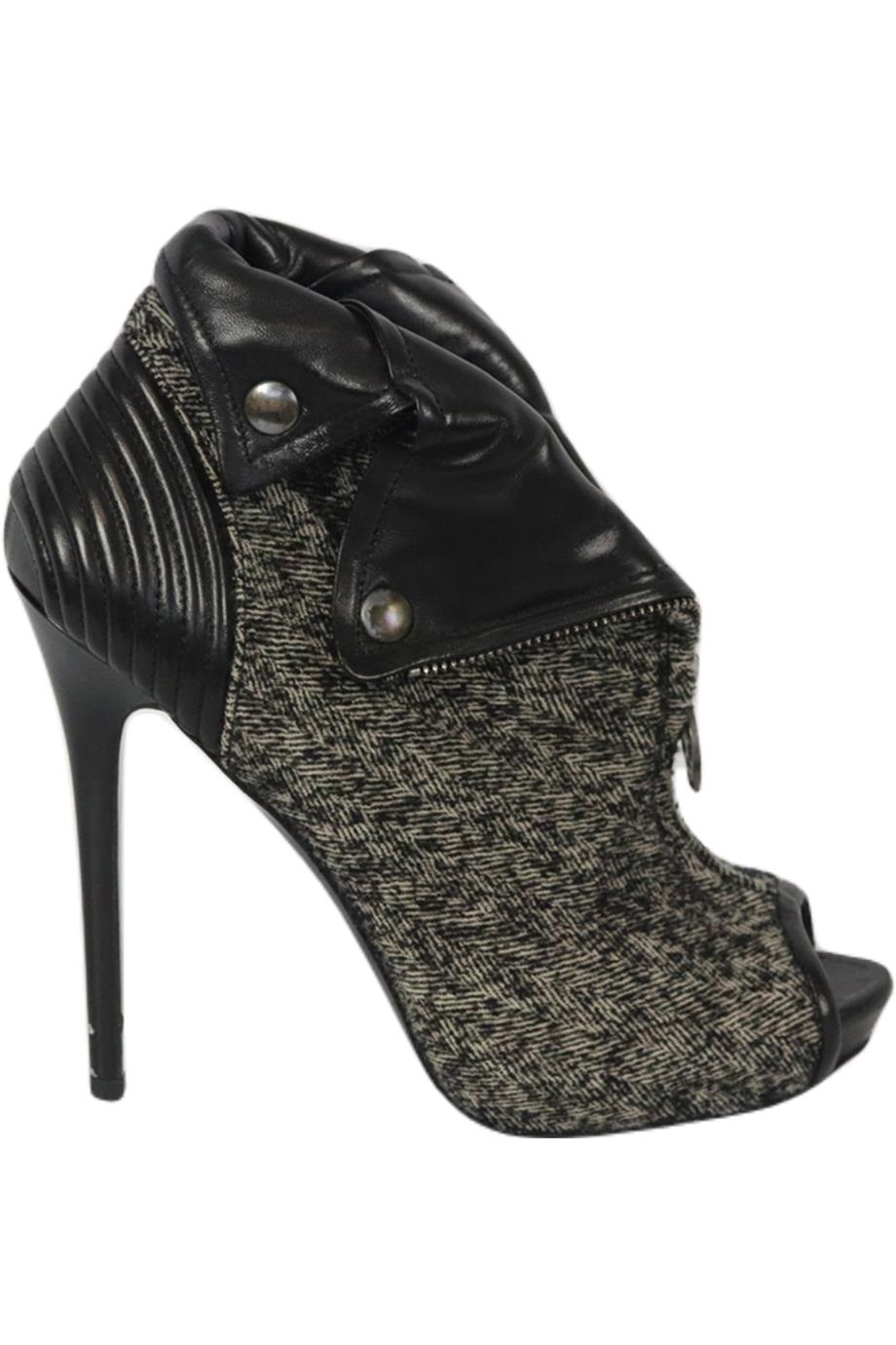 ALEXANDER MCQUEEN TWEED AND LEATHER PEEP TOE ANKLE BOOTS EU 38 UK 5 US 8