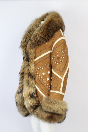 GUERRIERO FOX FUR TRIMMED SHEARLING AND SUEDE COAT IT 40 UK 8