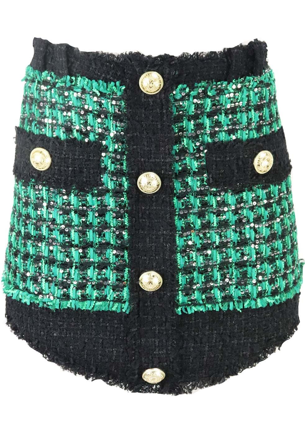 BALMAIN BUTTON EMBELLISHED METALLIC BOUCLÉ TWEED MINI SKIRT FR 42 UK 14