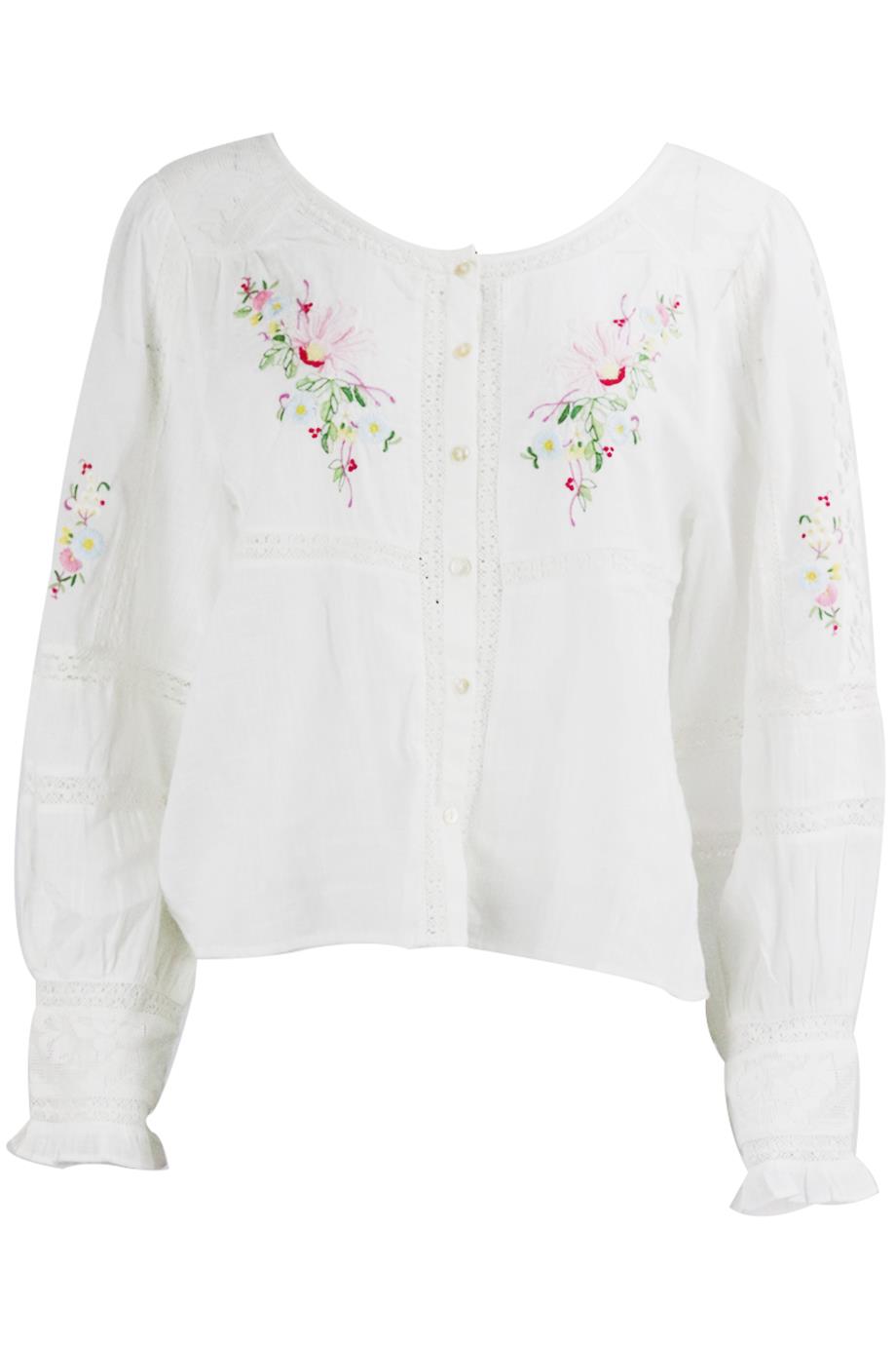 LOVESHACKFANCY CROCHET TRIMMED EMBROIDERED COTTON TOP MEDIUM