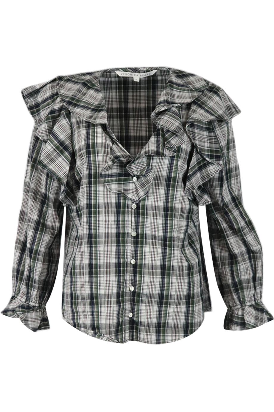 VERONICA BEARD RUFFLED CHECKED COTTON BLOUSE US 12 UK 16