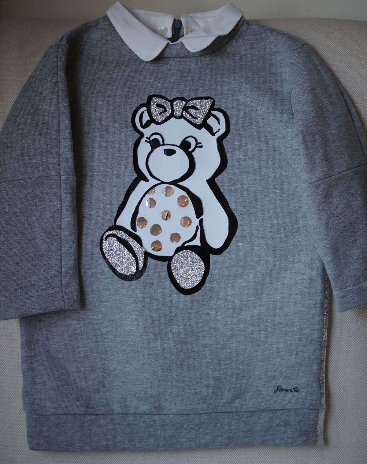 SIMONETTA MINI GIRLS GREY SWEATSHIRT JERSEY DRESS WITH BEAR 3 YEARS