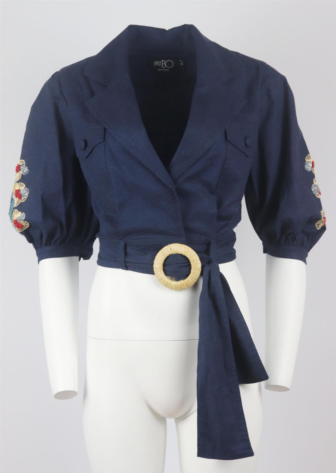 PATBO CROPPED EMBROIDERED LINEN BLEND JACKET XSMALL