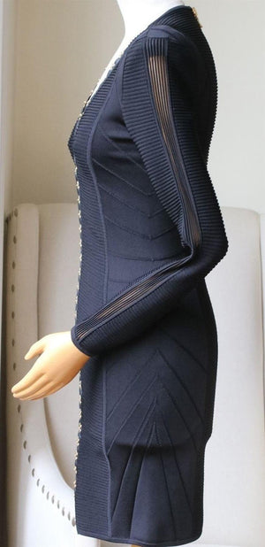 BALMAIN SATIN TRIMMED EMBELLISHED PANELED BANDAGE MINI DRESS FR 38 UK 10