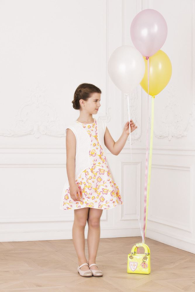 CHRISTIAN DIOR GIRLS WHITE HONEYCOMB DRESS WITH NEON FLORAL EMBROIDERY 4 YEARS