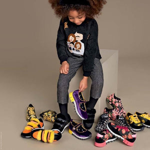 DOLCE AND GABBANA BABY BLACK LEATHER AND FUR SCRATCH SNEAKERS EU 24 UK 6