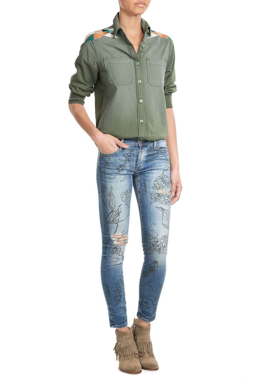 SANDRINE ROSE COTTON BUTTON-DOWN SHIRT WITH EMBROIDERED YOKE SMALL