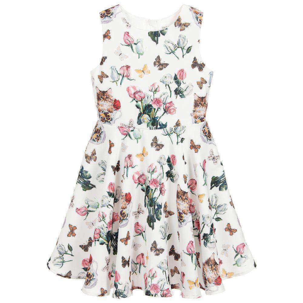 CHARABIA KIDS GIRLS FLOAL AND CAT PRINT SATIN DRESS 6 YEARS