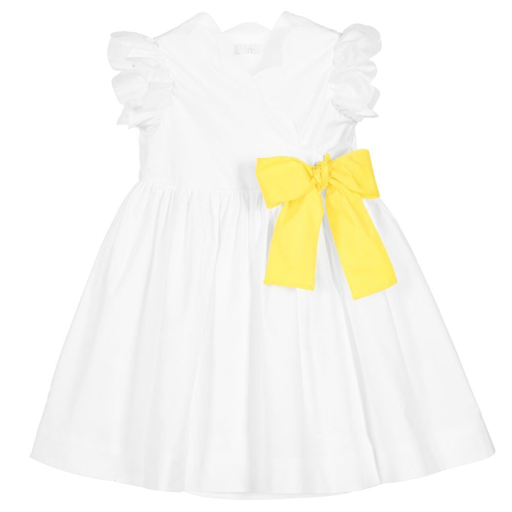 IL GUFO GIRLS WHITE COTTON DRESS WITH YELLOW BOW 4 YEARS