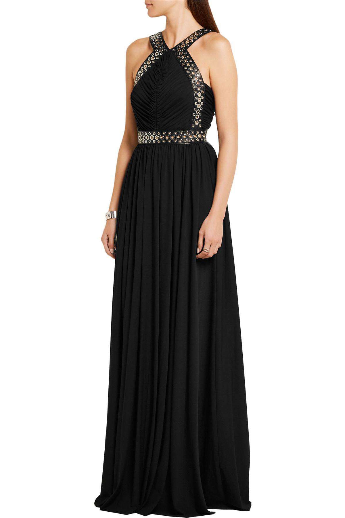 ALEXANDER WANG EYELET-EMBELLISHED LEATHER-TRIMMED STRETCH-CREPE GOWN US 2 UK 6