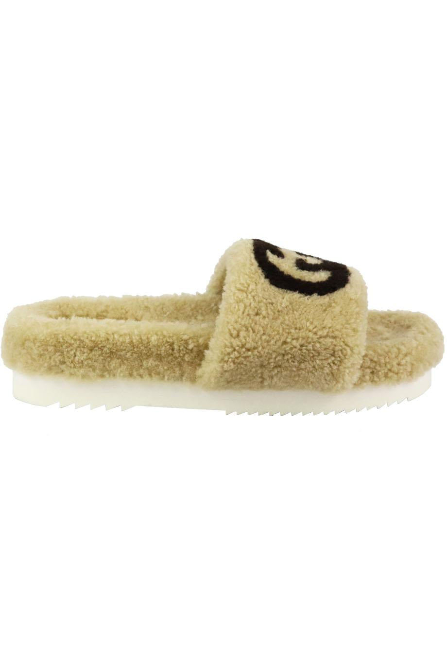 GUCCI EILEEN LOGO PRINT SHEARLING SLIDES EU 38 UK 5 US 8