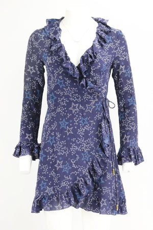 PALMOMA BLUE RUFFLED PRINTED SILK WRAP DRESS MEDIUM