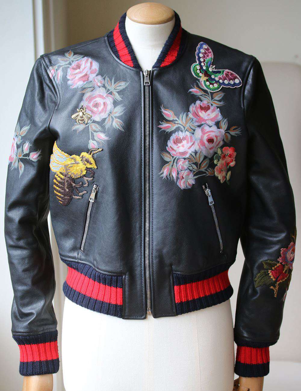 GUCCI HAND PAINTED EMBROIDERED LEATHER BOMBER JACKET IT 40 UK 8