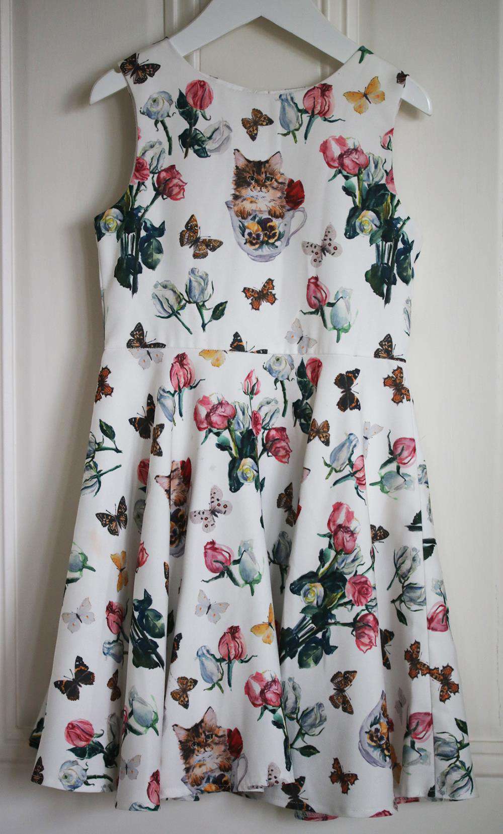 CHARABIA KIDS GIRLS FLOAL AND CAT PRINT SATIN DRESS 6 YEARS