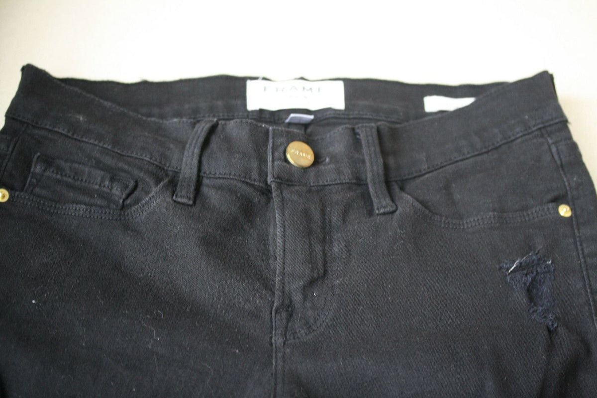 FRAME LE SKINNY DE JEANNE RIPPED BLACK JEANS W25 UK 6/8