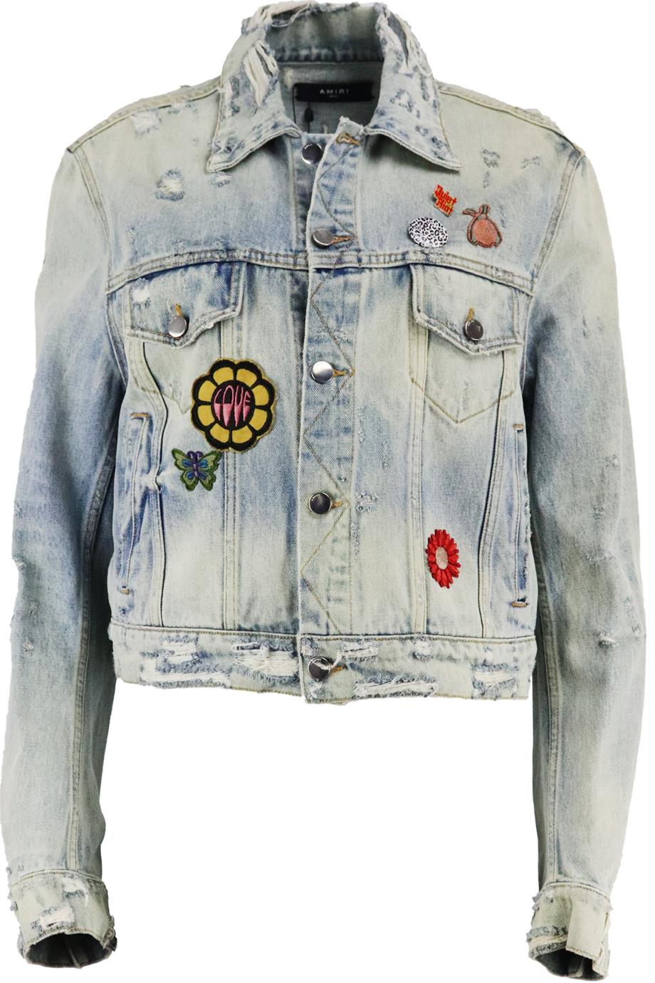 AMIRI APPLIQUÉD DISTRESSED DENIM JACKET  SMALL