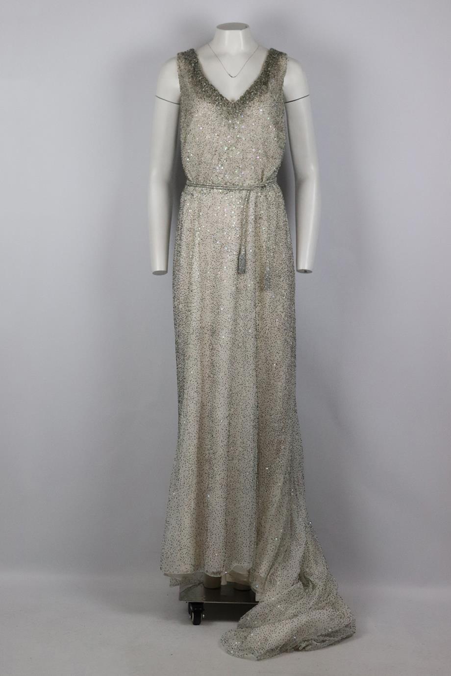 DENNIS BASSO BELTED BEAD EMBELLISHED TULLE AND SILK GOWN UK 18