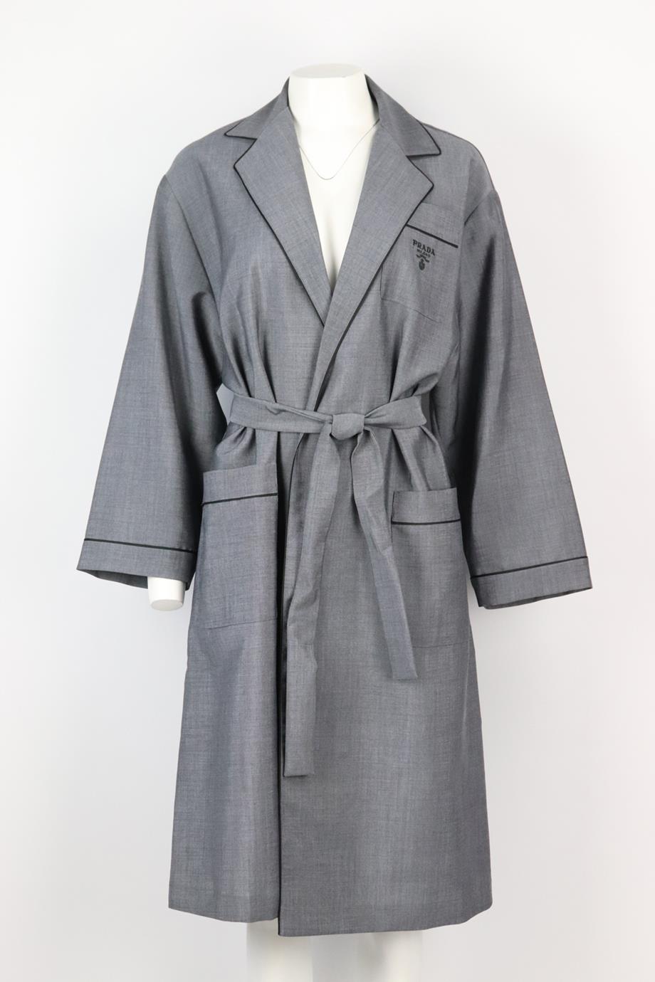 PRADA BELTED LOGO EMBROIDERED WOOL BLEND ROBE XSMALL