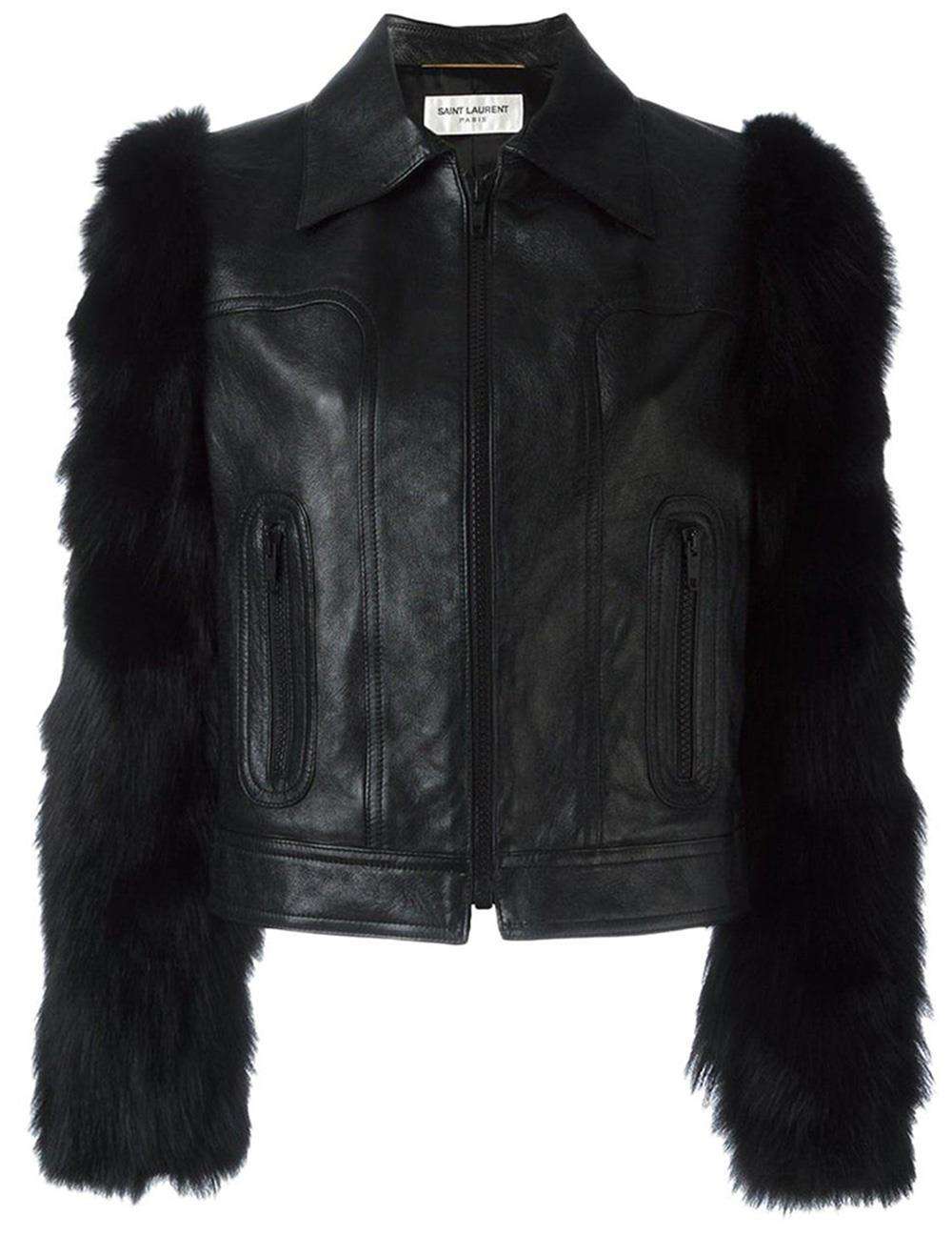 SAINT LAURENT FOX FUR SLEEVES LEATHER JACKET FR 40 UK 12