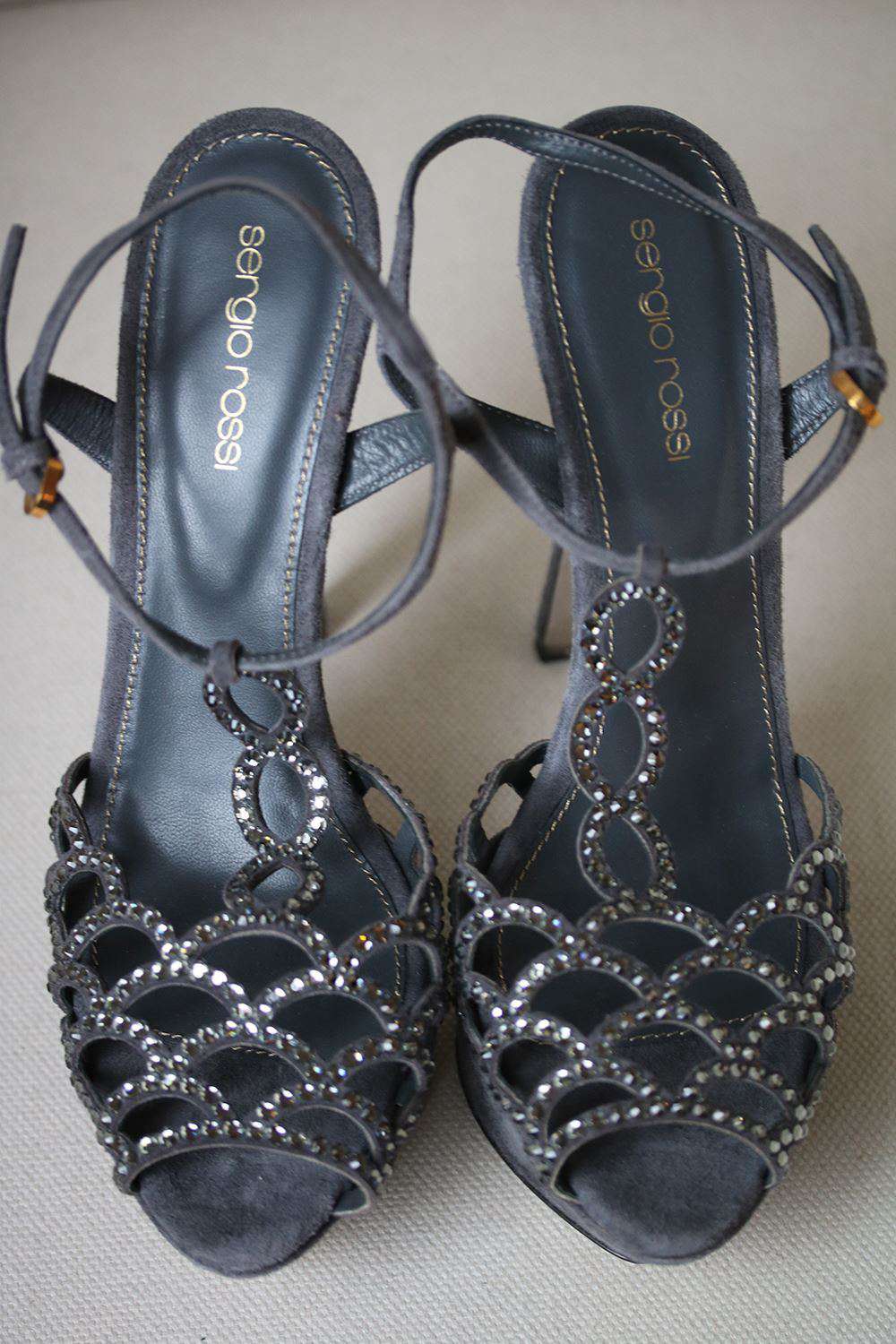 SERGIO ROSSI SCALLOPED CRYSTAL T-STRAP PLATFORM HEELS EU 38 UK 5 US 8