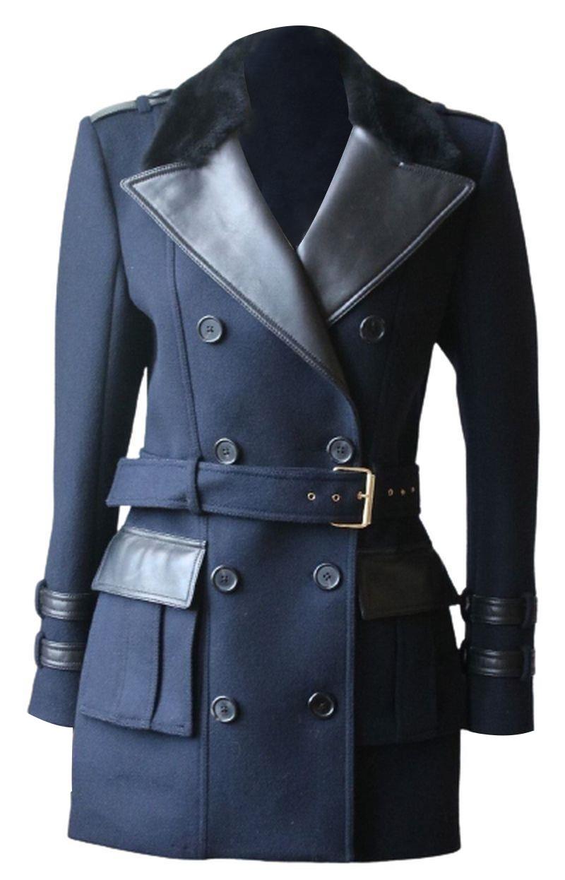 BALMAIN FUR-TRIMMED DOUBLE-BREASTED BELTED WOOL AND CASHMERE COAT FR 36 UK 8