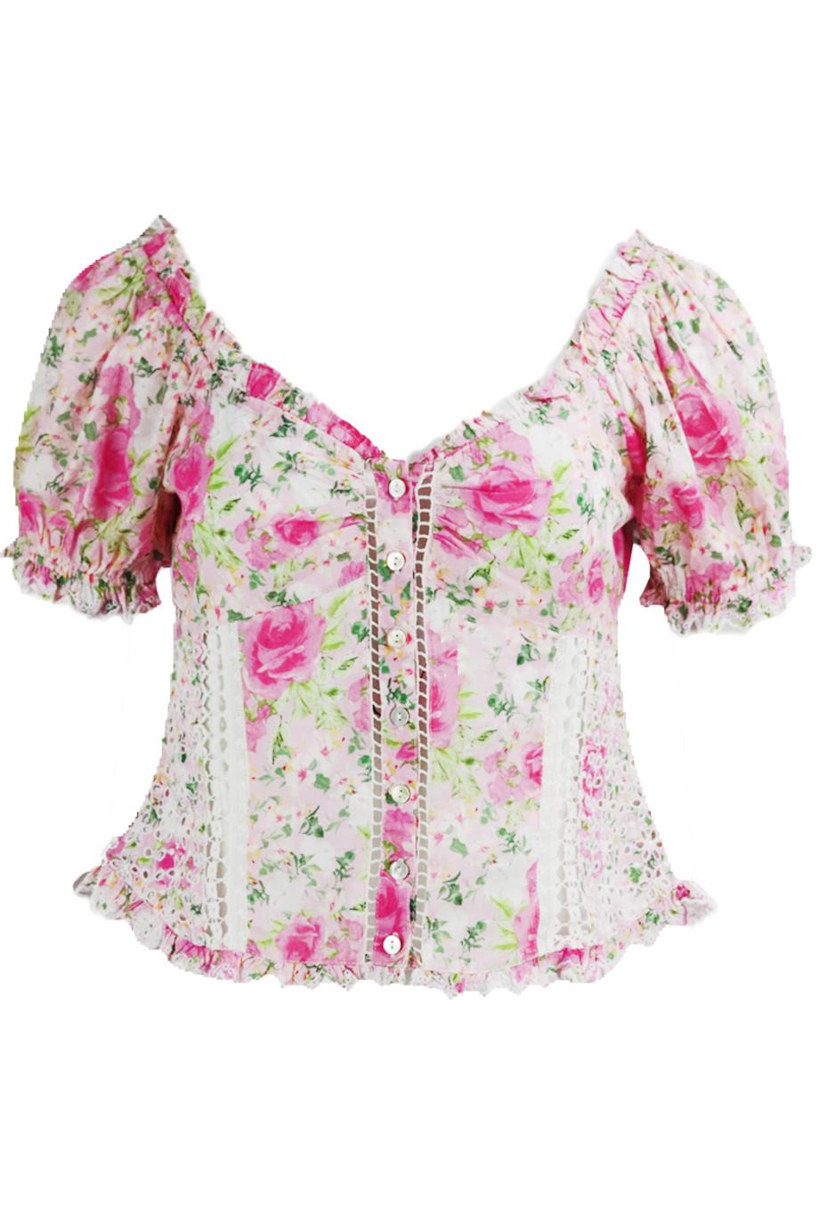 LOVESHACKFANCY EMBROIDERED FLORAL PRINT COTTON TOP US 4 UK 8
