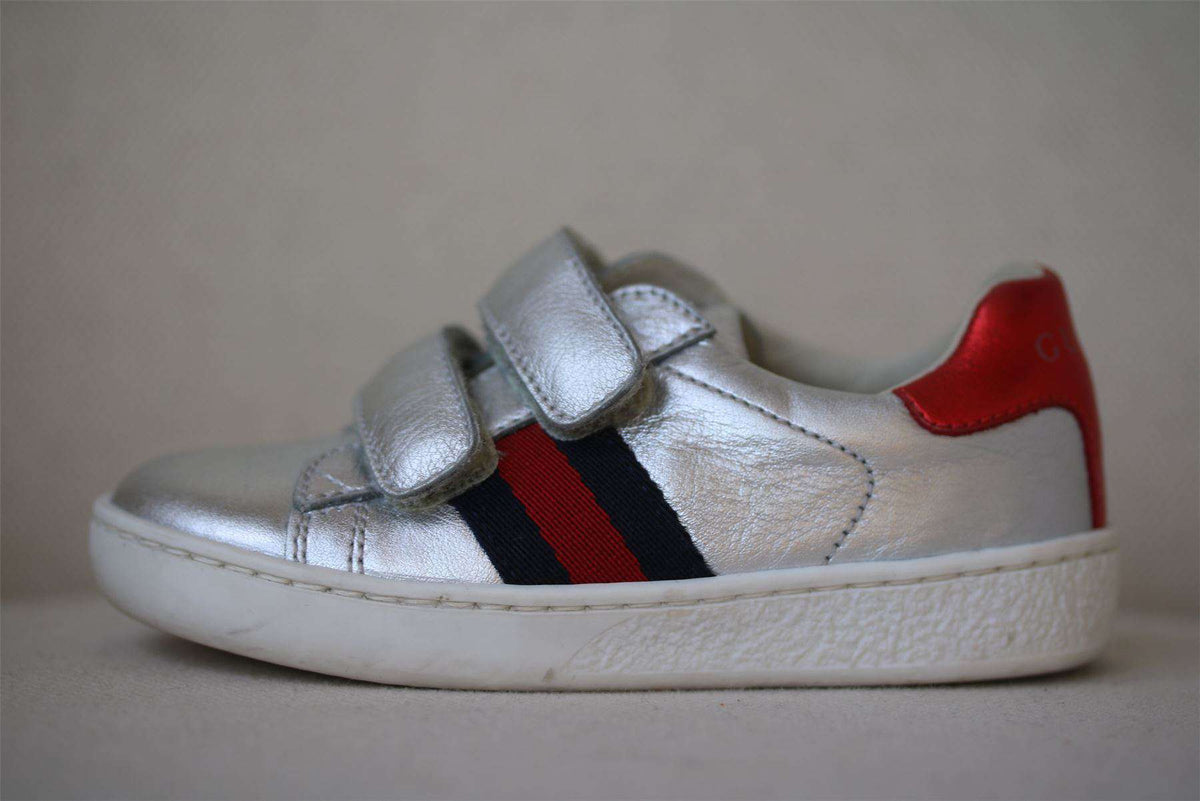 GUCCI BABY SILVER WEB LEATHER TRAINERS EU 23 UK 6