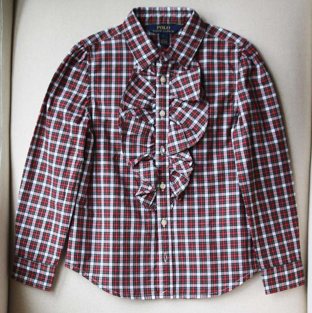 POLO RALPH LAUREN KIDS GIRLS RUFFLE FRONT PLAID SHIRT 6 YEARS
