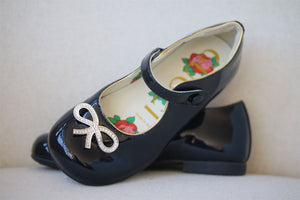 GUCCI GIRLS NAVY BLUE CRYSTAL BOW LEATHER SHOES EU 25 UK 8