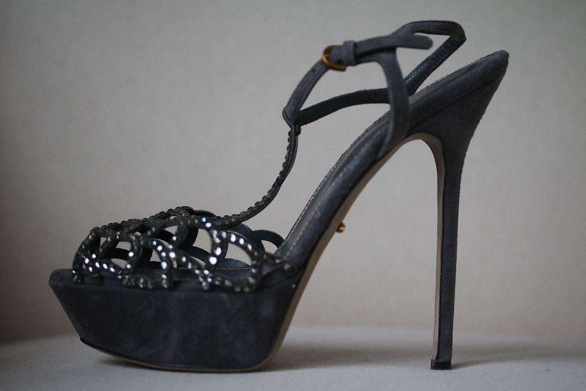 SERGIO ROSSI SCALLOPED CRYSTAL T-STRAP PLATFORM HEELS EU 38 UK 5 US 8
