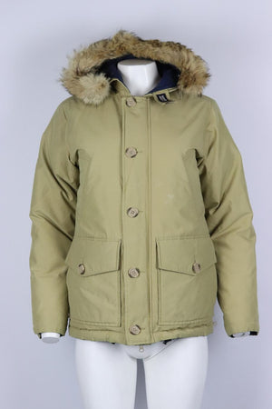 WOOLRICH HOODED REVERSIBLE FUR TRIMMED QUILTED SHELL DOWN JACKET SMALL
