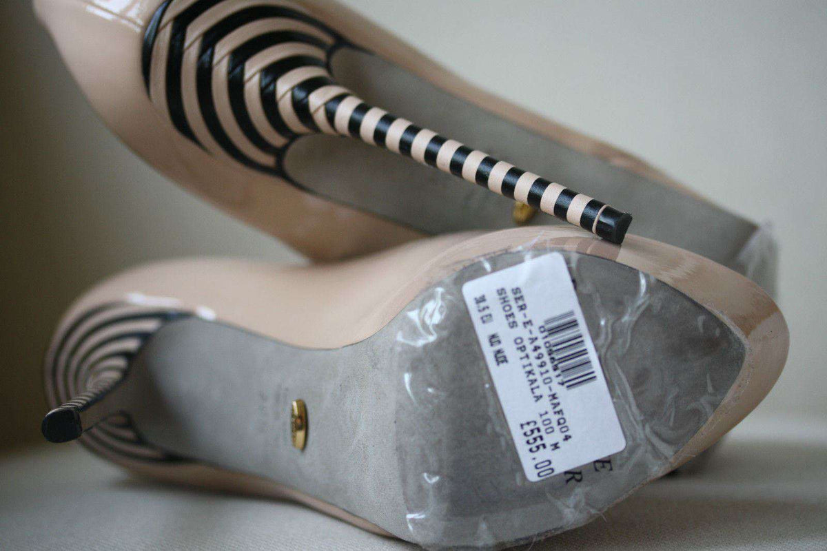 SERGIO ROSSI OPTIKALA PATENT NUDE STRIPED HEELS EU 38.5 UK 5.5