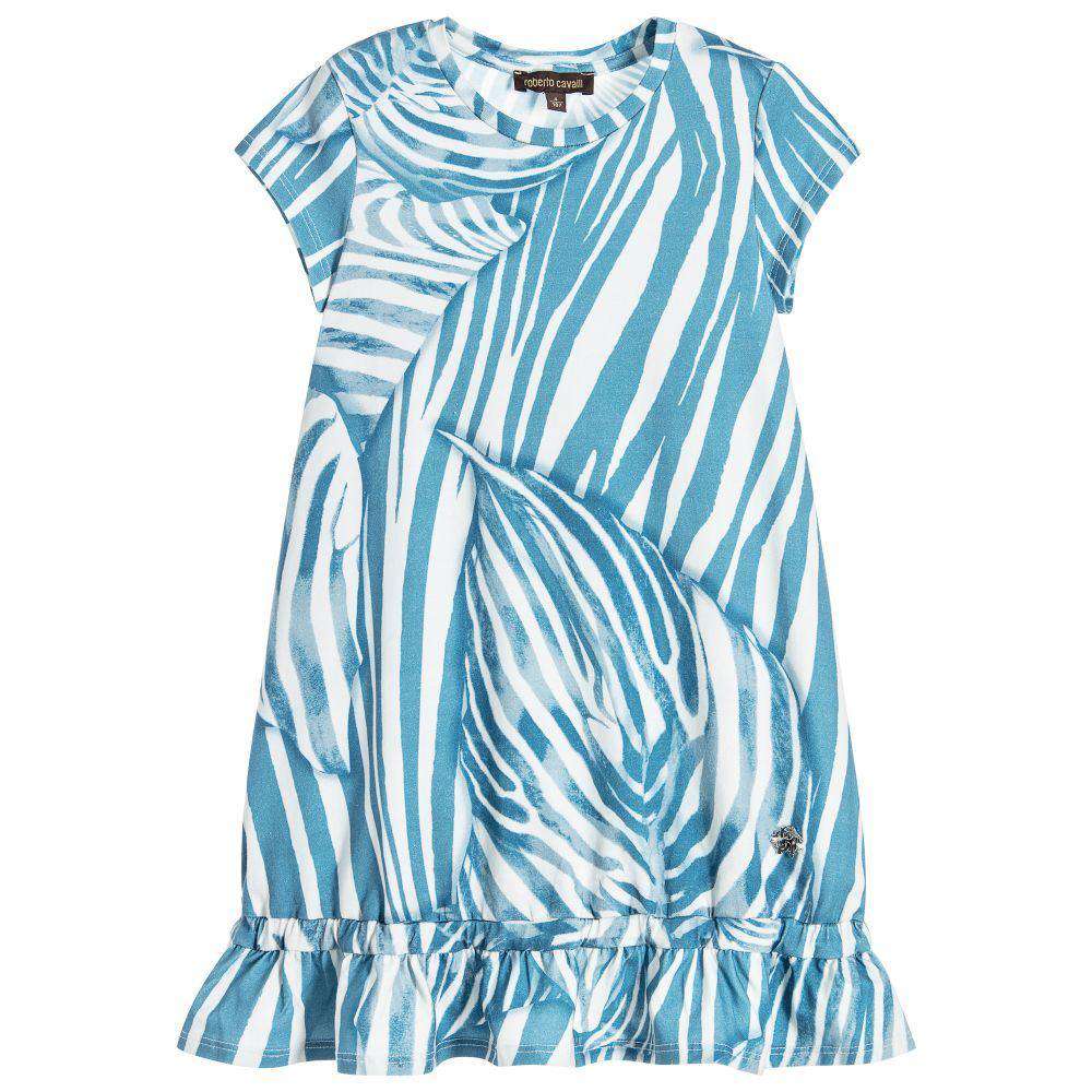 ROBERTO CAVALLI GIRLS BLUE ZEBRA ROSE PRINT DRESS 4 YEARS
