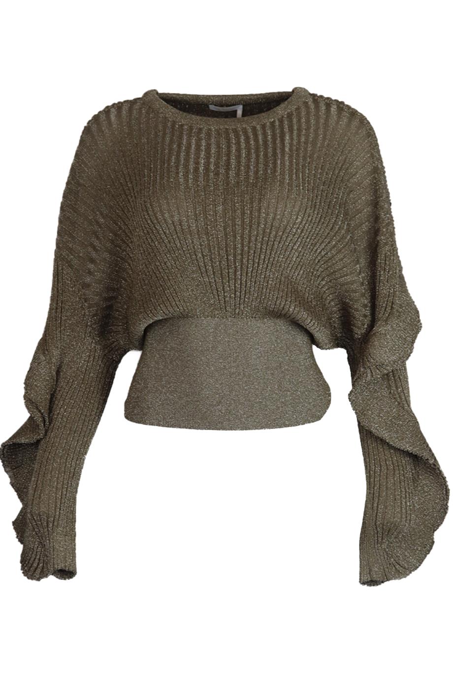 CHLOÉ RUFFLED METALLIC RIBBED SILK BLEND SWEATER MEDIUM