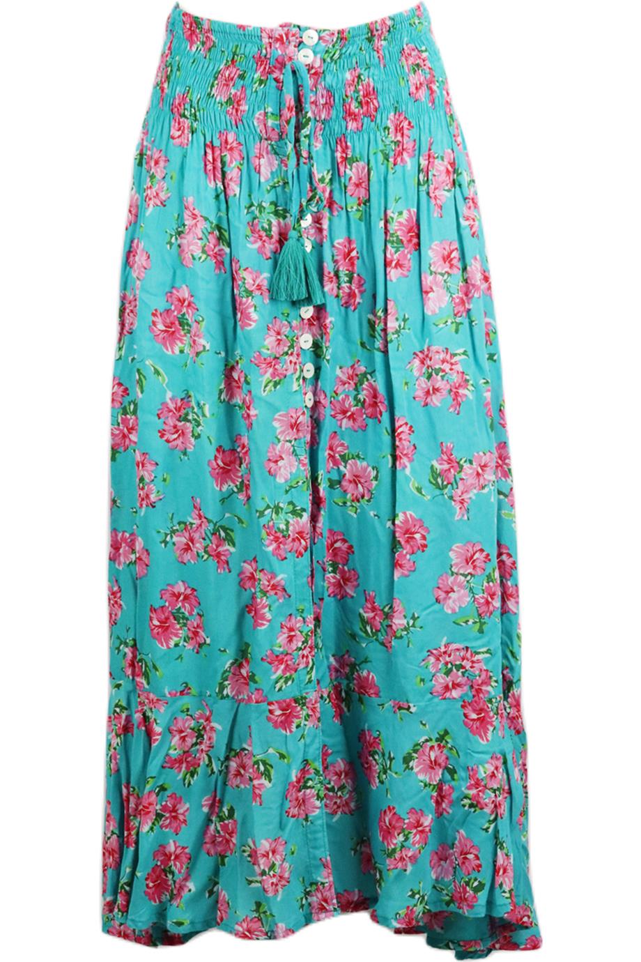 TIARE HAWAII SHIRRED PRINTED VOILE MAXI SKIRT ONE SIZE