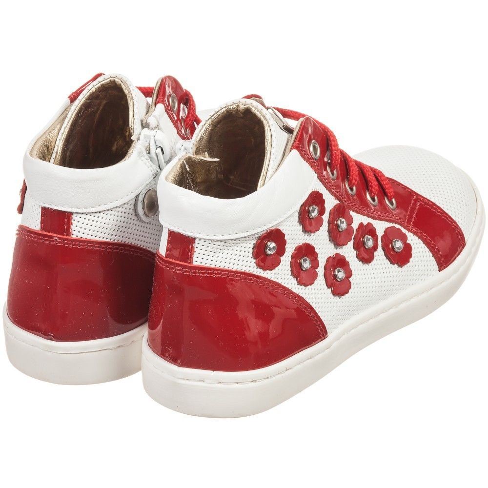 MONNALISA BABY GIRLS RED WHITE FLORAL LEATHER TRAINERS EU 22 UK 5