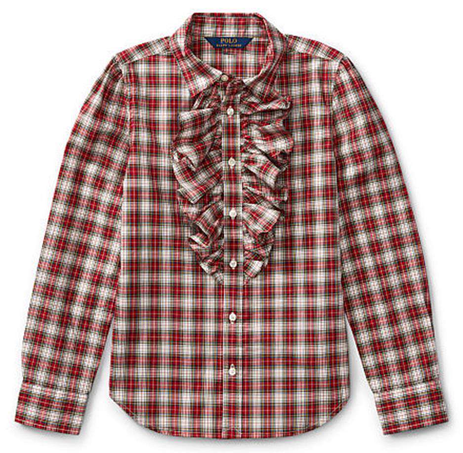 POLO RALPH LAUREN KIDS GIRLS RUFFLE FRONT PLAID SHIRT 6 YEARS