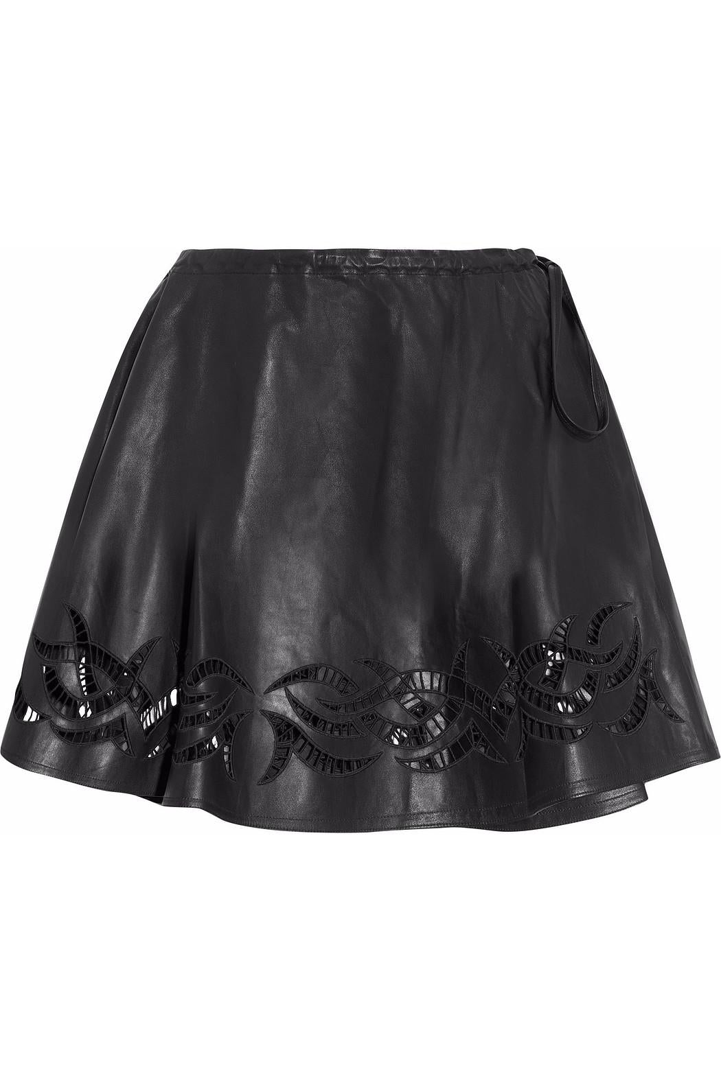 ALEXANDER WANG CUTOUT EMBROIDERED LEATHER MINI WRAP SKIRT US 0 UK 4